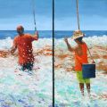 Pêcheurs sur le platier huile 60x60 diptyque vendue - Polynésie 2009 à 2011
