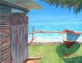 Pirogue et cabane de pêche au village de Nahoe sur l'île d'Hiva Oa les Marquises 15P 65x50 - Polynésie 2009 à 2011