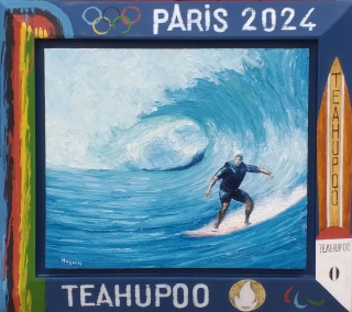 Surfeur sur la vague de Teahupoo  Tahiti aux JO 2024  66x75 - Polynésie 2012, 2013