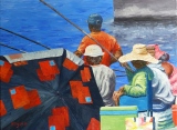 Pêche en famille au port de St. Louis 20P 73x54 Huile - La Réunion