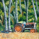 Tracteur orange sur l'île Cook 25,5x25,5 huile V - Cultures maraîcheres et potagères