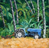 Tracteur bleu sur l'île Cook 25,5x25,5 huile V - Cultures maraîcheres et potagères