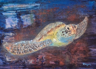 Tortue du Pacifique (pollution sonore) n°12 8P 33x46 Acrylique sur toile de lin 2026 - Poissons exotiques